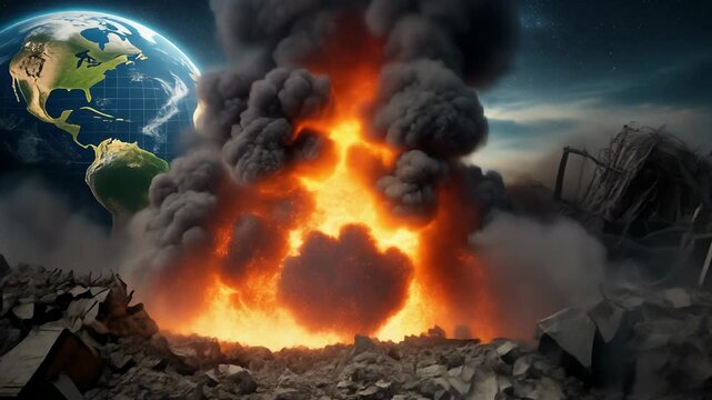 Earth behind a burning, rubble-filled landscape