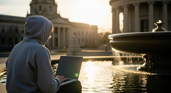 Young Male Student Using Laptop Outdoors at University Campus Fountain at Sunset