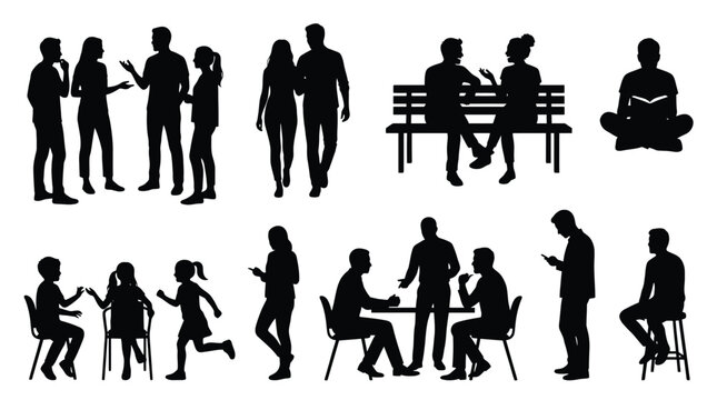 Set of silhouettes of people in various poses and activities, including standing, sitting, talking, walking, and reading