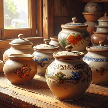 Traditional Clay Pots on Wooden Table