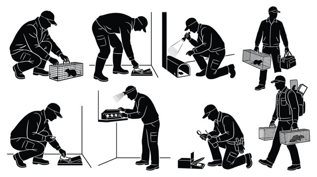 Pest control service icons set professional exterminator with traps and equipment for rodent and insect removal