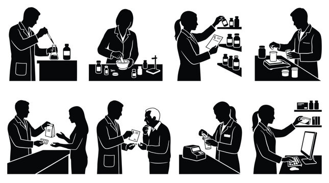 Pharmacist silhouettes set pharmacy workers compounding medicine, dispensing prescriptions, consulting patients, and working in a drugstore or laboratory medical and healthcare icons
