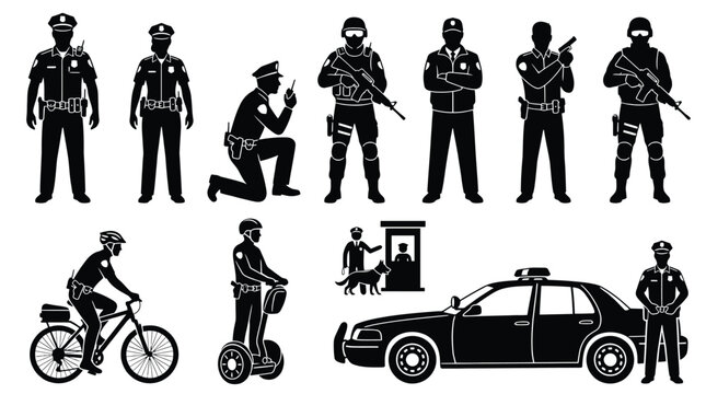 Set of police officers, swat team, police car, and patrol units