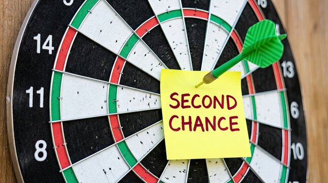 A bright green dart is firmly embedded in a yellow sticky note reading "SECOND CHANCE" on a dartboard.