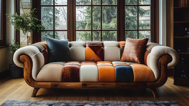 A stylishly repurposed sofa with patchwork leather upholstery in warm earth tones sits invitingly in a sunlit living room featuring large windows and wooden flooring, showcasing unique craftsmanship.