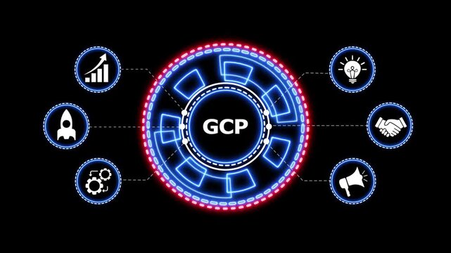 Gcp cloud computing services digital hud animation. Google cloud platform gcp concept with glowing neon infographic interface motion graphics elements on black background.