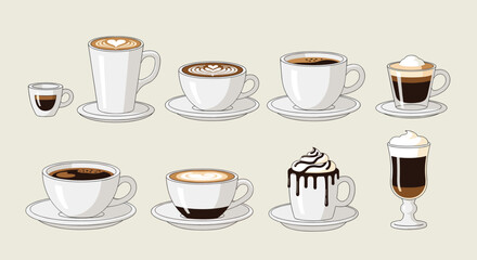 Obraz premium Delicious hot coffee beverages with milk foam and whipped cream suitable for various cafe promotions and menu designs