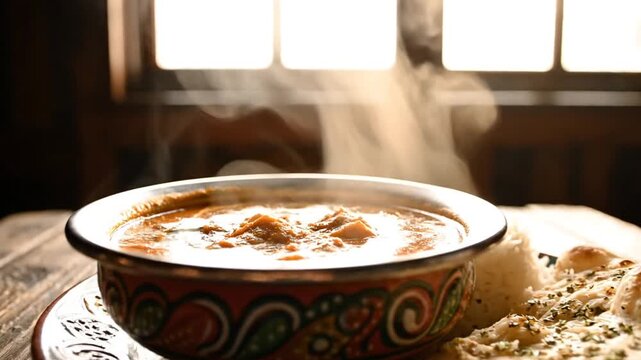 Steaming hot bowl of Indian curry served with white basmati rice and garlic naan flatbread on a rustic wooden table in front of a window with soft morning light and visible steam.