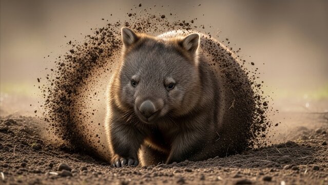 Animal - Wombat Bursting Through Underground Tunnel Emerging from Dirt with Soil Explosion in Australian Wildlife