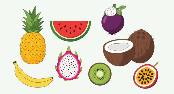 Colorful tropical fruit collection for nutritious diet and refreshing summer season produce flat graphics