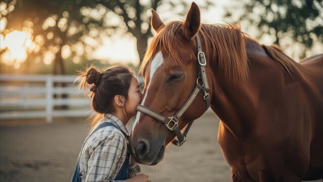 Animal - Young Asian Girl Kissing Chestnut Horse on Nose at Sunset in Outdoor Ranch Paddock
