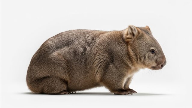 Animal - Common Wombat Sitting in Side Profile View on White Background with Soft Brown Fur Detail