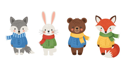 Fototapeta premium Cute woodland animals wearing warm winter sweaters and scarves for seasonal holiday designs