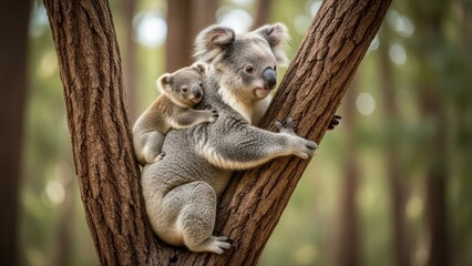 Fototapeta premium Animal - Mother Koala Clinging to Eucalyptus Tree Fork with Curious Baby Joey on Her Back in Australian Forest