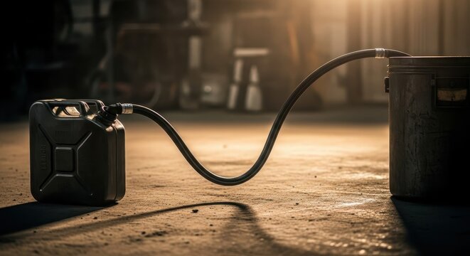 A black siphoning hose with a curved flow connects to a container on a concrete floor bathed in warm sunlight