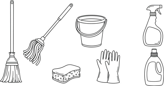 Cleaning tools outline vector set including mop broom bucket spray bottle sponge gloves and detergent isolated minimal line art illustration