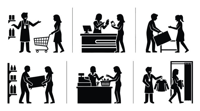 Set of icons representing customer service and shopping assistance, including store clerk helping customer, checkout process, product assistance, and fitting room service