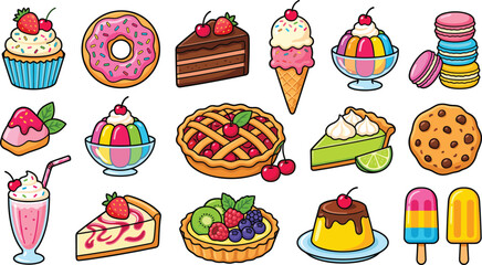 Colorful dessert vector set featuring cakes donuts ice cream pie pudding milkshake and sweet treats in cute cartoon flat style illustration © MdMostafijur