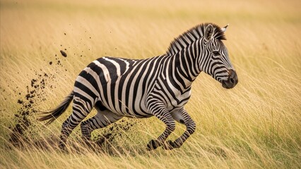 Fototapeta premium Animal - Plains Zebra Galloping Through Golden Savanna Grassland Kicking Up Dark Soil Dust Africa