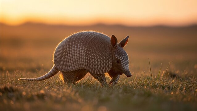 Animal - Nine Banded Armadillo Foraging in Open Grassland at Golden Hour Sunset Warm Light