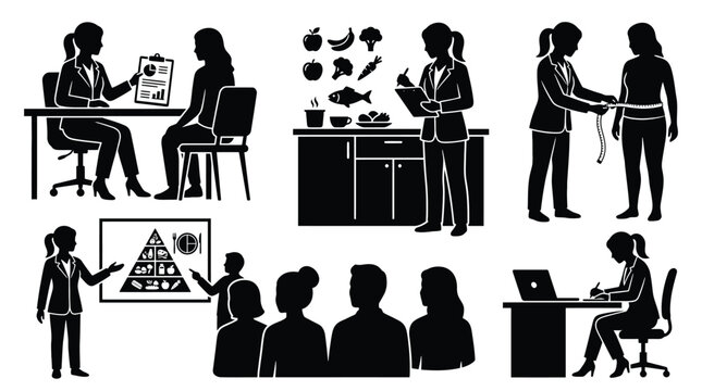 Set of nutritionist icons, dietitian consultation, healthy eating advice, food pyramid presentation, body measurement and meal planning