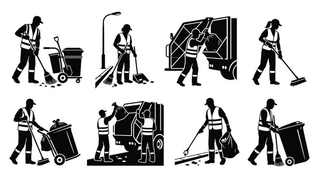 Set of street cleaners and garbage collectors silhouettes workers in reflective vests cleaning city streets and collecting trash with brooms, shovels, and garbage trucks