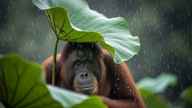 Animal - Orangutan Using Large Green Leaf as Umbrella Shelter During Heavy Tropical Rainforest Rain