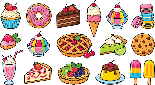 Colorful dessert vector set featuring cakes donuts ice cream pie pudding milkshake and sweet treats in cute cartoon flat style illustration