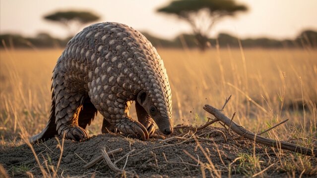 Animal - Pangolin Foraging in African Savanna Grassland at Golden Hour Sunset with Acacia Trees