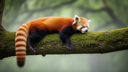 Obraz premium Animal - Red Panda Resting on Moss Covered Tree Branch in Misty Forest Natural Habitat Wildlife