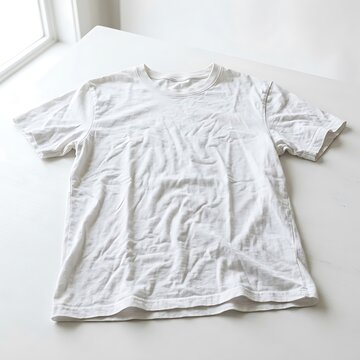 Wrinkled white t shirt laid flat.