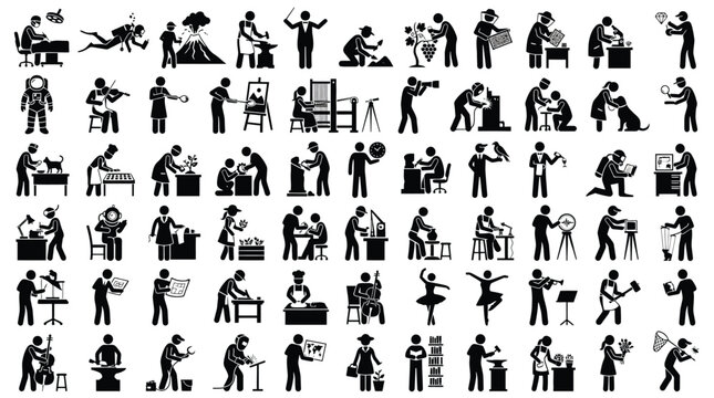 Large collection of stick figure icons representing various professions, occupations, and hobbies set of black silhouettes of people engaged in different jobs, arts, science, and activities