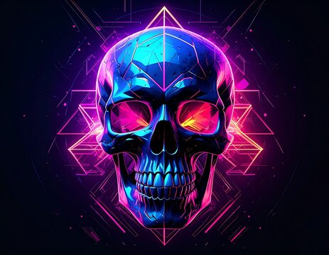 A colorful skull with neon pink and blue hues and geometric patterns