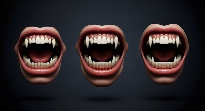 Three Open Mouths with Sharp Fangs and Teeth.