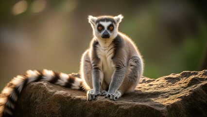 Fototapeta premium Animal - Ring-Tailed Lemur Sitting on Rock with Striking Orange Eyes and Black White Striped Tail