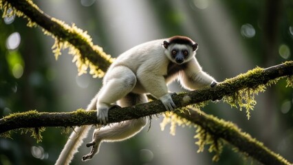 Fototapeta premium Animal - Silky Sifaka Lemur Climbing Moss Covered Tree Branch in Tropical Rainforest Madagascar Wildlife