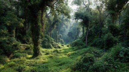 Obraz premium Lush Green Jungle Clearing Bathed in Dappled Sunlight