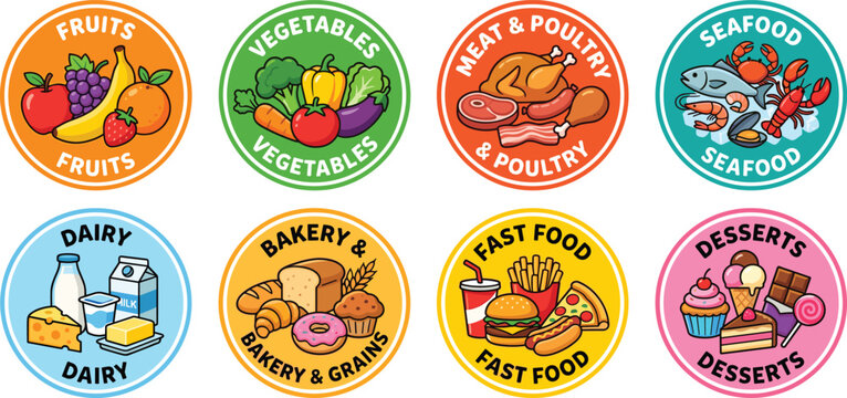 Food category badge collection with fruits vegetables meat poultry seafood dairy bakery fast food desserts colorful vector illustration set