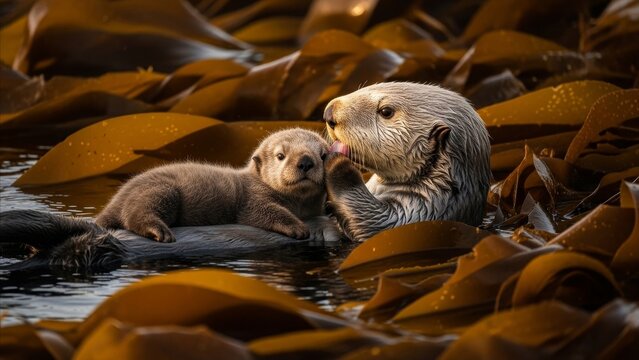 Animal - Sea Otter Mother Grooming Newborn Pup Floating Together in Golden Kelp Forest Ocean