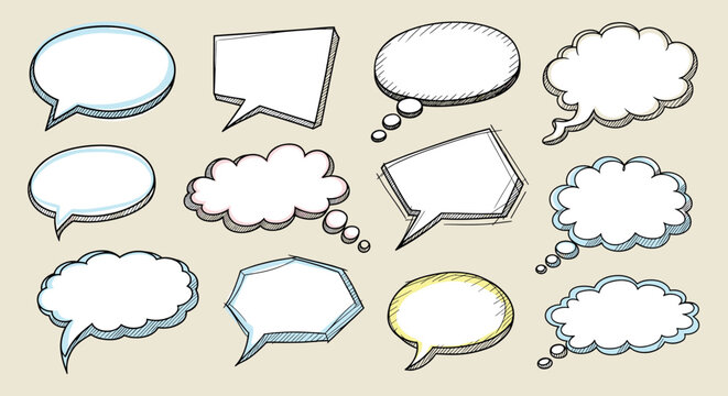 Hand drawn sketchy comic speech and thought bubbles for communication and graphic design projects