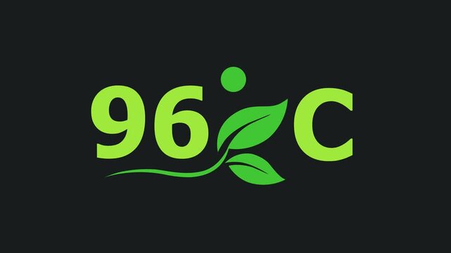 96 Degree Celsius Green Energy Concept Animation with Growing Leaves, Ecology and Temperature Measurement Icon on Dark Background