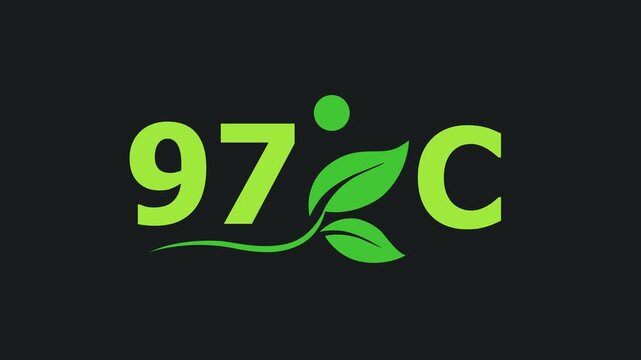 97 Degree Celsius Green Energy Concept Animation with Growing Leaves, Ecology and Temperature Measurement Icon on Dark Background