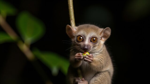 Animal - Tiny Mouse Lemur Holding Small Green Fruit with Large Round Eyes in Dark Tropical Forest