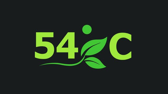 54 Degree Celsius Green Energy Concept Animation with Growing Leaves, Ecology and Temperature Measurement Icon on Dark Background