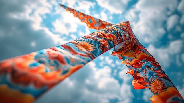 A vibrant intricately designed kite soaring high in the sky with dynamic motion against a backdrop of fluffy clouds capturing the essence of freedom and playful outdoor adventure from a low-angle.