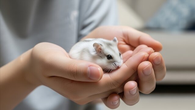 Animal - Tiny White Dwarf Hamster Resting Gently in Cupped Human Hands Close Up Care Concept