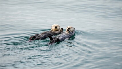 Fototapeta premium Animal - Two Sea Otters Floating Together on Calm Ocean Surface Looking at Camera in Natural Habitat