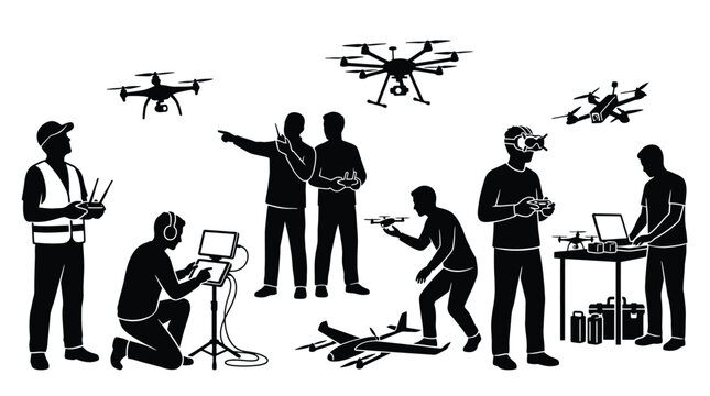 Silhouettes of people operating drones