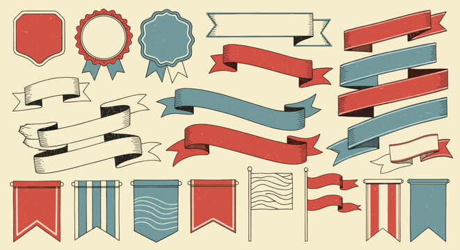 Distressed vintage hand drawn banners ribbons badges pennants for graphic design