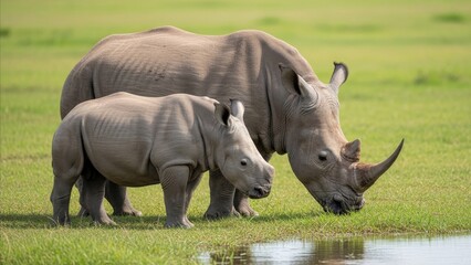 Obraz premium Animal - White Rhino Mother and Calf Grazing Together Near Watering Hole on African Savanna Grassland